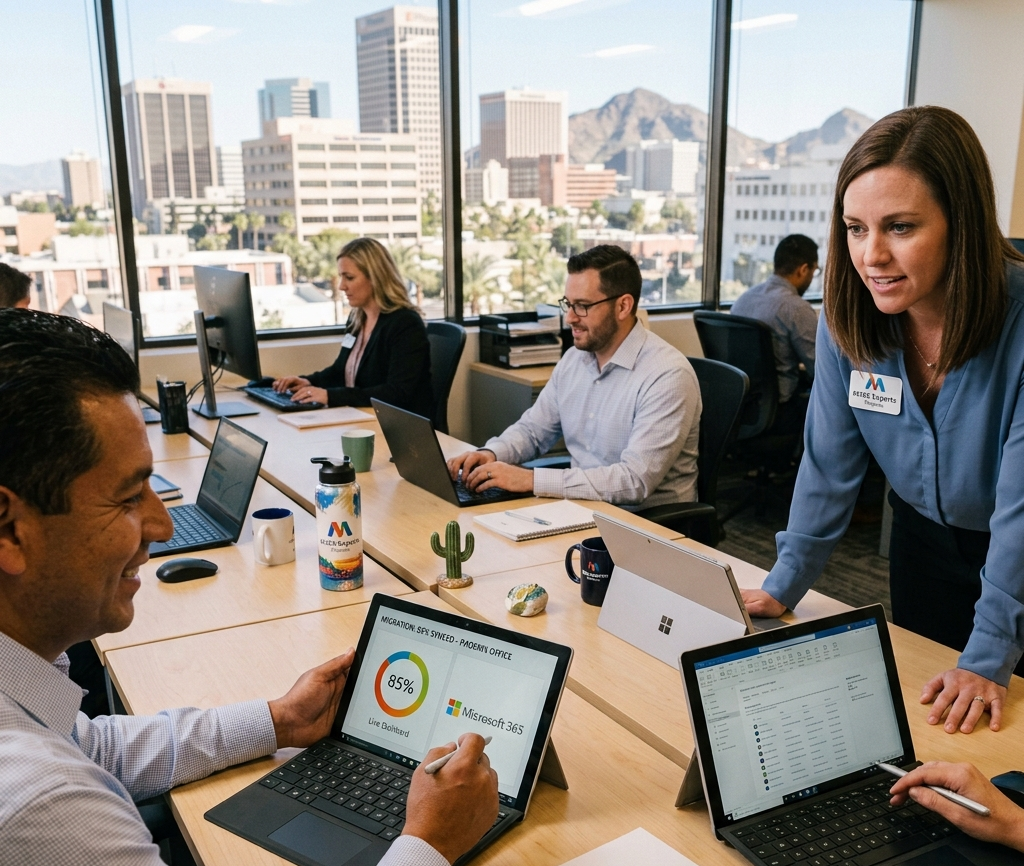 Business team using Microsoft 365 migration services in a Phoenix office
