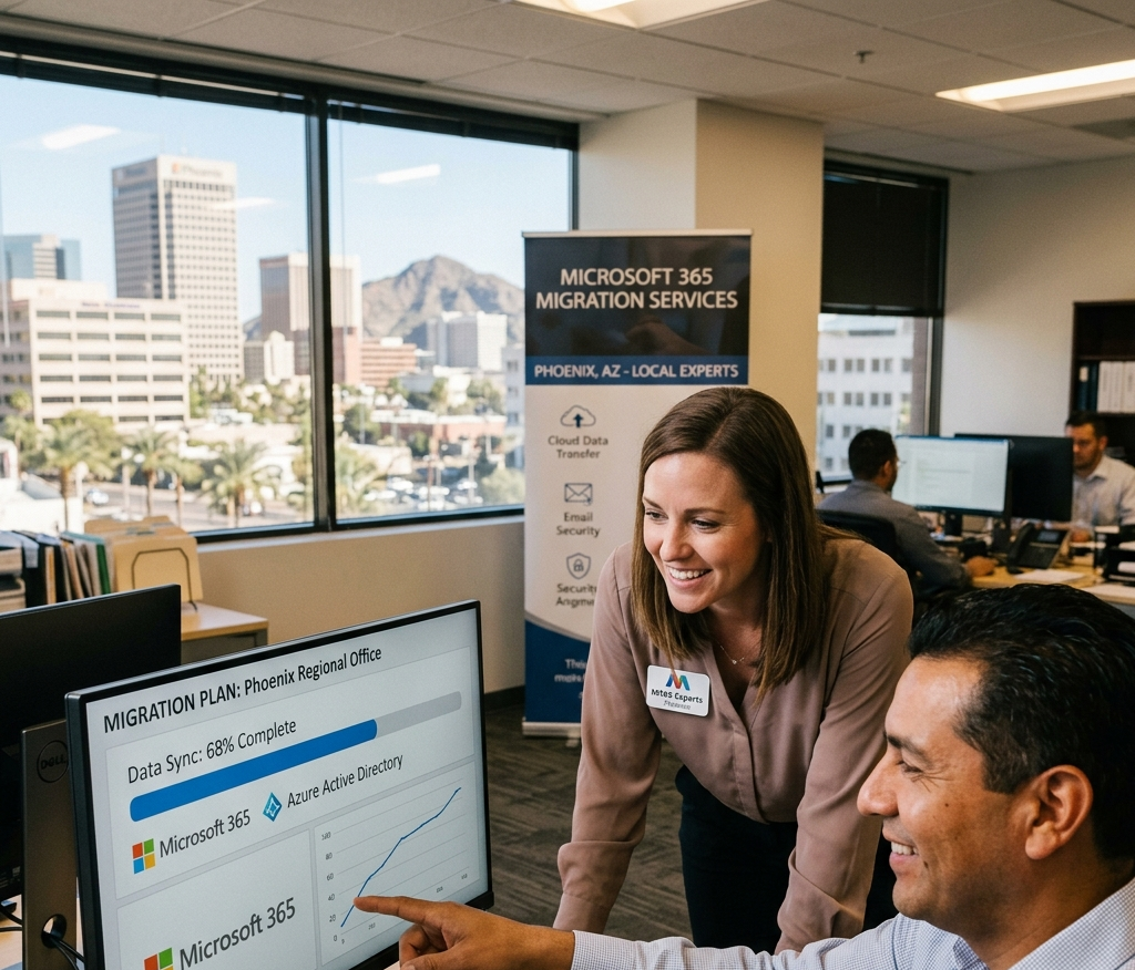 IT professional assisting with Microsoft 365 migration services in a Phoenix office