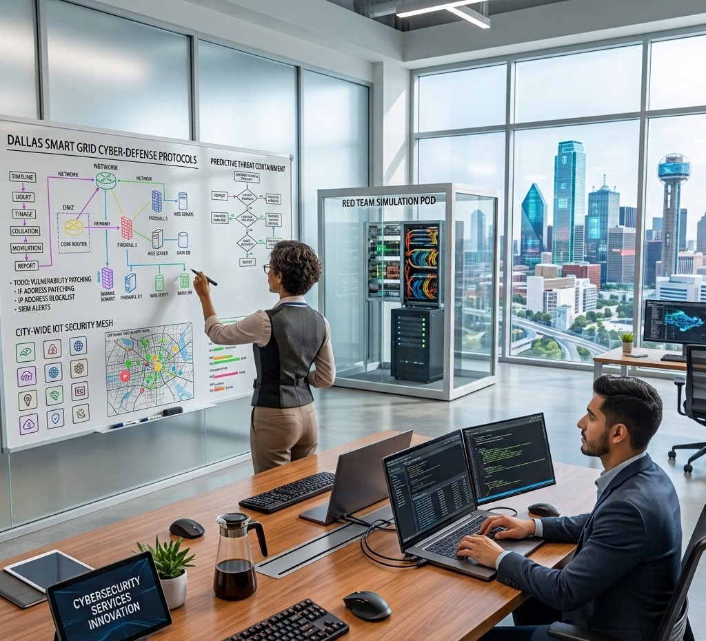 IT professionals working with cybersecurity solutions for businesses in Dallas