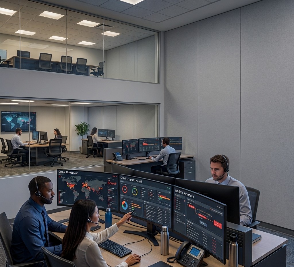 Cybersecurity professionals in a Phoenix office supporting businesses.