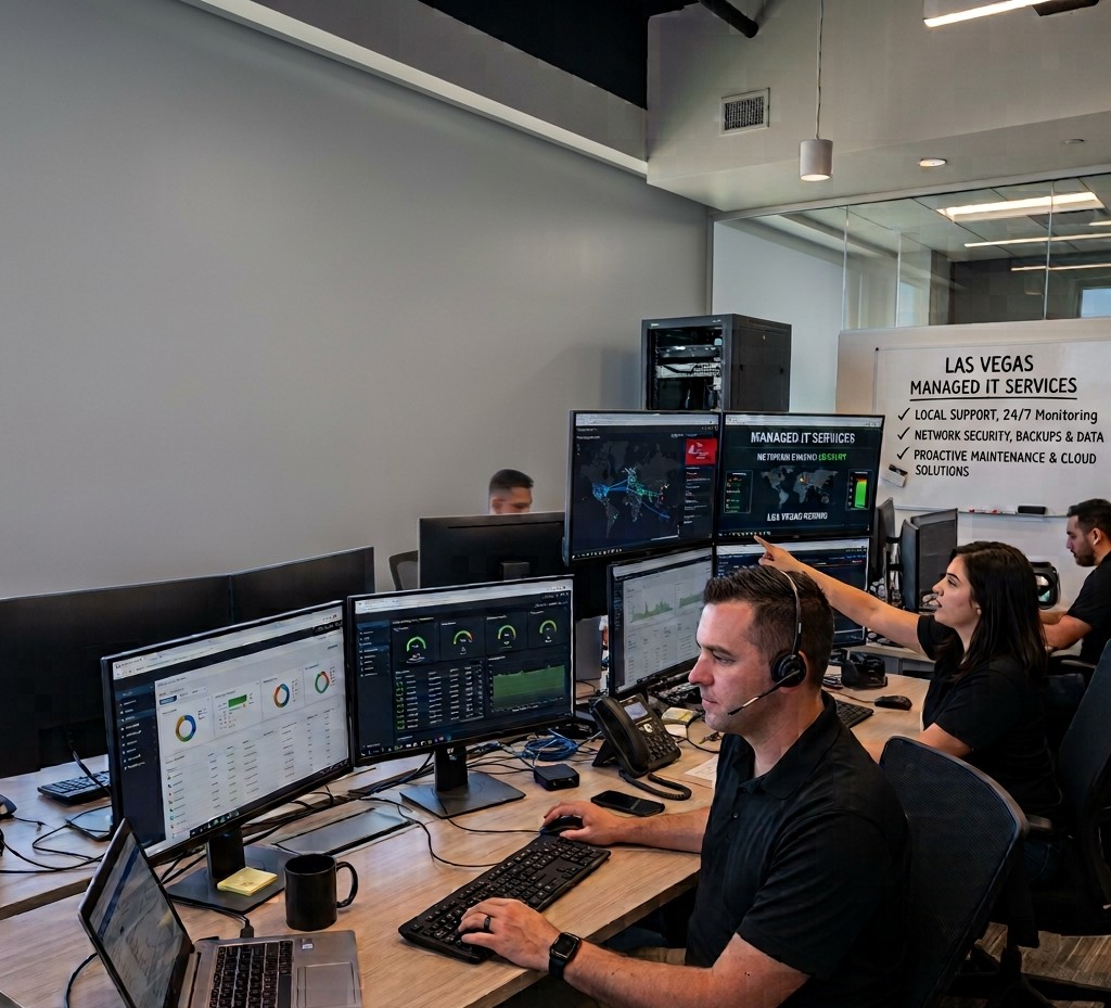 Las Vegas office team working together with reliable managed IT services.