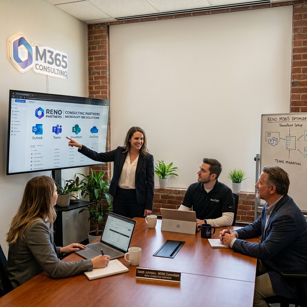 IT professionals collaborating in a Reno office to provide Microsoft 365 consulting and support for local businesses.