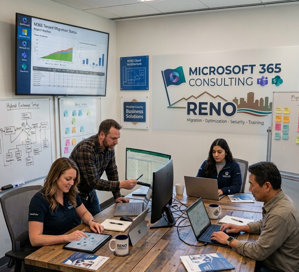 IT team meeting in a Reno office to plan Microsoft 365 solutions for business productivity and security.