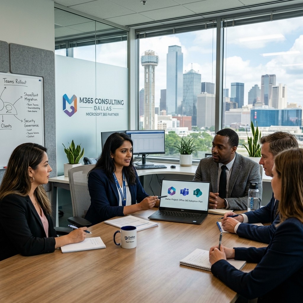 IT professionals providing Microsoft 365 consulting in a Dallas office.