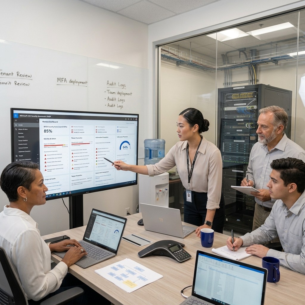 IT professionals conducting a Microsoft 365 security assessment in Las Vegas